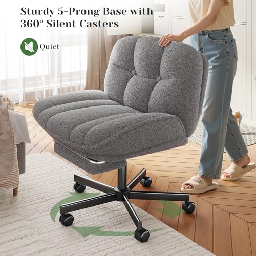 Image of DurayLoly Criss Cross Office Chair with Foot Rest, 6.3 inch Thick Cushioned Criss Cross Chair with Wheels, Height Adjustable Swivel Vanity Chair for All-Day Comfort (Grey)