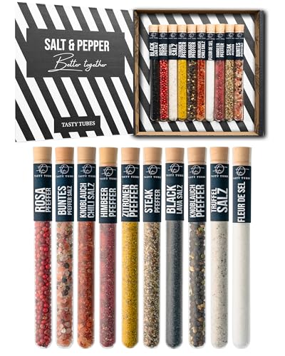 Tasty Tubes - Salt & Pepper - Gewürz-Set - Besonderes Geschenk für Männer & Frauen - 10 verschiedene Salz- & Pfeffer-Sorten aus aller Welt - Geschenkbox für Koch-Begeisterte