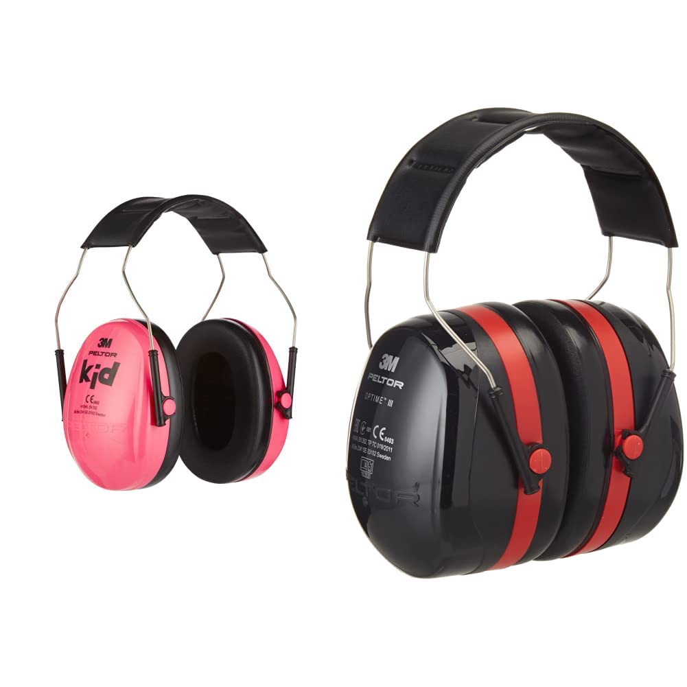 3M Peltor Kapselgehörschutz für Kinder H510AK, pink – Kapselgehörschutz für Kinder. Schützt vor Lärmpegeln im Bereich von 87-98 dB (SNR: 27 dB) & Optime III Kapselgehörschutz schwarz-rot