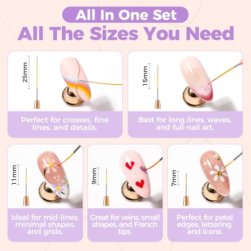 Image of UNA GELLA Nail Art Pens Metallic, Liner Brushes Set For Nail Art Gel Polish, 5Pcs Purple Color, Detail Nail Art Design Painting Brush Set For Nails Gel Fine Drawing Nail Tools, Sizes 7 /9 /11 /15 /25mm