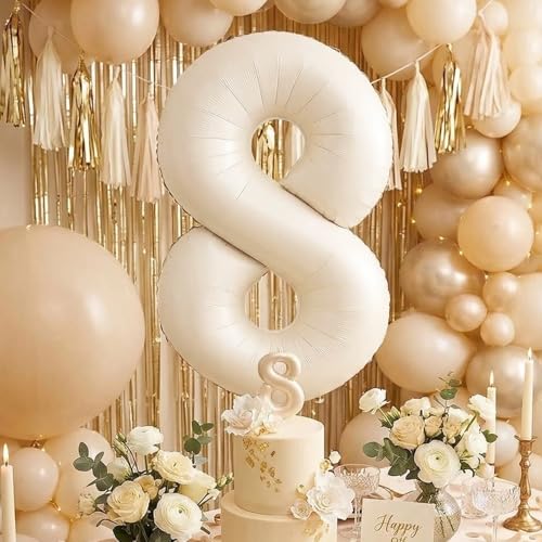 Image of Number Balloons for Birthday Decorations - 40 Inch Large Party Balloons 8, Cream Foil Number Balloons for Boys Girls, Balloons for Party Supplies