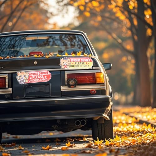 Image of 3pcs Student Driver Magnet for Car, 9.84x3.54in Funny Pink Reflective Novice Driver Magnetic Bumper Stickers Cute Cat Safety Awareness Sign for Rookies Weather Resistant & Detachable