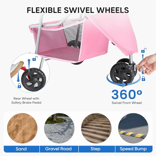 Image of NEWBULIG 3 Wheel Pet Stroller for Dogs and Cats, Foldable, Lightweight and Durable, Ideal for Small to Medium Pets, Includes Storage Basket and Cup Holders