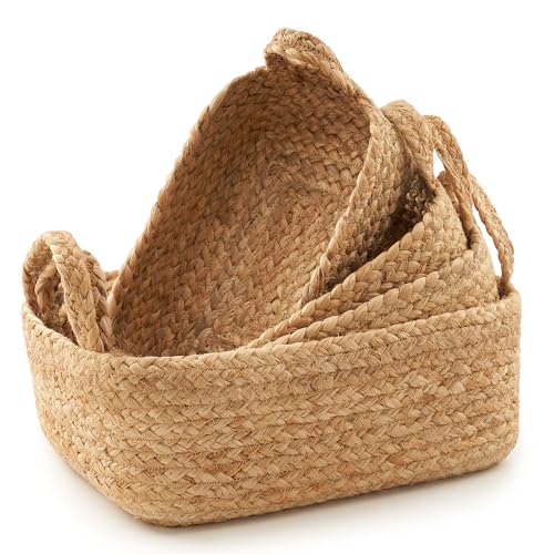 Beautiful Storage Basket Set of 4 – Natural Jute Rope Baskets for Shelves Are Perfect for Organizing Your Home – Quality Storage Bins Easily Fit With Any Nursery or Bedroom Decor