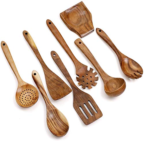 Wooden Kitchen Utensil Set Uncoated Dishwasher Safe Bamboo Cooking Utensils Set with Holes, Organic Teak Wooden Spoons for Cooking (8 Pieces)