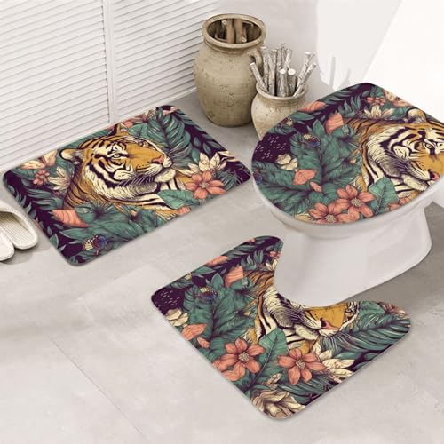 Dwrepo Tropical Tiger Print Bathroom Rug Set 3 Piece with Non-Slip U-Shaped Contour Mat and Toilet Lid Cover for Bathroom Decoration