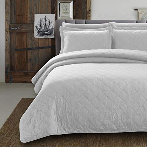 Chezmoi Collection Bristol 3-Piece Double Diamond Stitch Pattern Soft-Finished Vintage Washed 100% Cotton Quilt Set (King, White) #TOP1