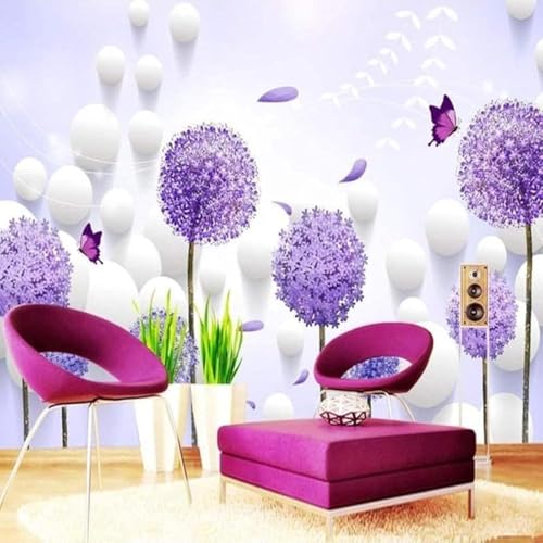 Tzxztt Creativo Diente De León Morado Mariposa Esfera Papel Pintado 3D Seda Texturizada Primera Calidad Neutros Material Ideal Para SalóN Dormitorio-200cm×140cm