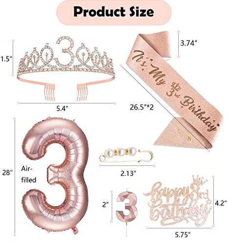 3Rd Birthday Decorations For Girls, Including 3 Year Old Birthday Cake Topper, Birthday Queen Sash With Pearl Pin, Sweet Rhinestone Tiara Crown, Number Candles And Balloons Set, Rose Gold #TOP1