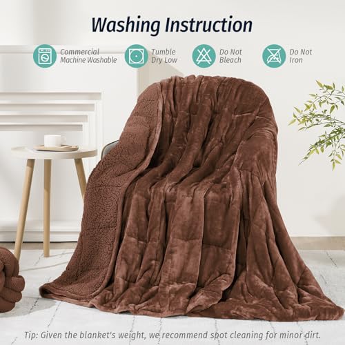 Image of Wemore Sherpa Fleece Weighted Blanket for Adult, 15 lbs Dual Sided Cozy Fluffy Heavy Blanket, Ultra Fuzzy Throw Blanket with Soft Plush Flannel Top, 60 x 80 inches, Coffee Brown on Both Sides