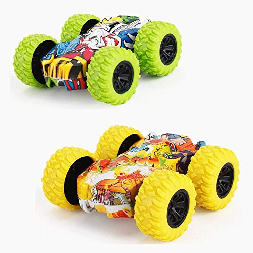 TOPWAYS Kids Inertia Car, 2 Pcs Friction Powered Inertia-Double Vehicles Off-road Double-Sided Stunt Graffiti Model Truck Toy Gift for Boys Girls (Yellow + Green)