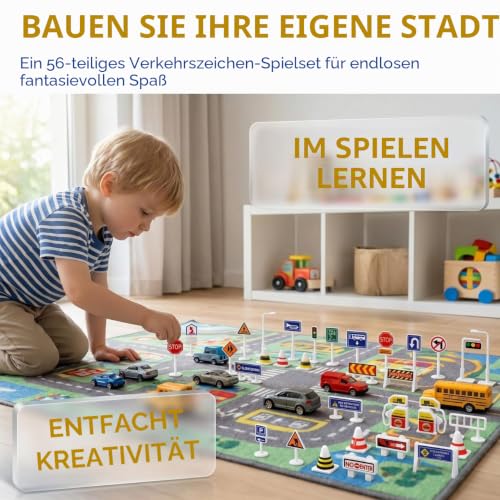 TOYANDONA 56-Teiliges Verkehrsschilder-Set mit Mini-Ampeln – Pädagogisches Spielzeug für Verkehrserziehung | Lernspielzeug für Kinder ab 3 Jahren | Straßenverkehr-Zubehör für Spielteppiche &
