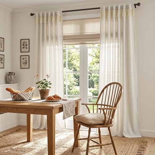 Image of jinchan Linen Curtains for Living Room Bedroom Light Filtering Semi Sheer Curtains Boho Farmhouse French Country Cottage Core Decor Window Drapes Back Tab 90 Inch Length Tassel Beige