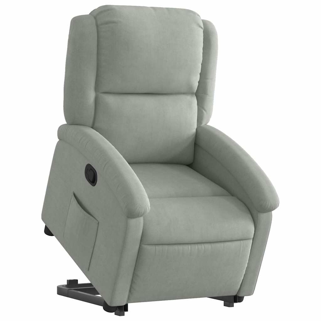 Sillón elevador reclinable gris claro de terciopelo con motor eléctrico y función manual para elevación e inclinación hasta 135 grados, estructura estable de madera