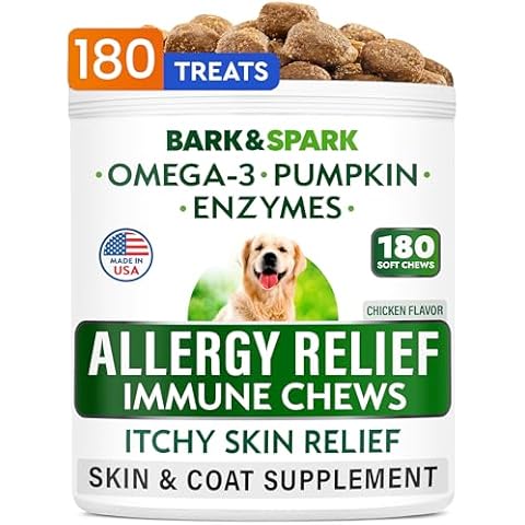 BARK&SPARK Dog Allergy Relief Chews (180 Immune Treats) - Anti-Itch Skin & Coat Supplement - Omega 3 Fish Oil - Itchy Skin Relief Treatment Pills - Itching&Paw Licking - Dry Skin & Hot Spots -Chicken Cover