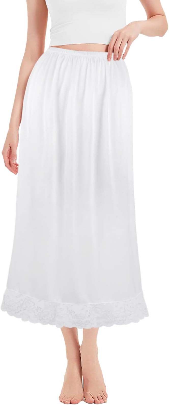 Women's Satin Half Slips, Soft Lace Long Underskirt, Elastic Waist Half Slips Long Skirt Petticoat, White Lace Waist Slips for Under Dresses, Ladies Underdress