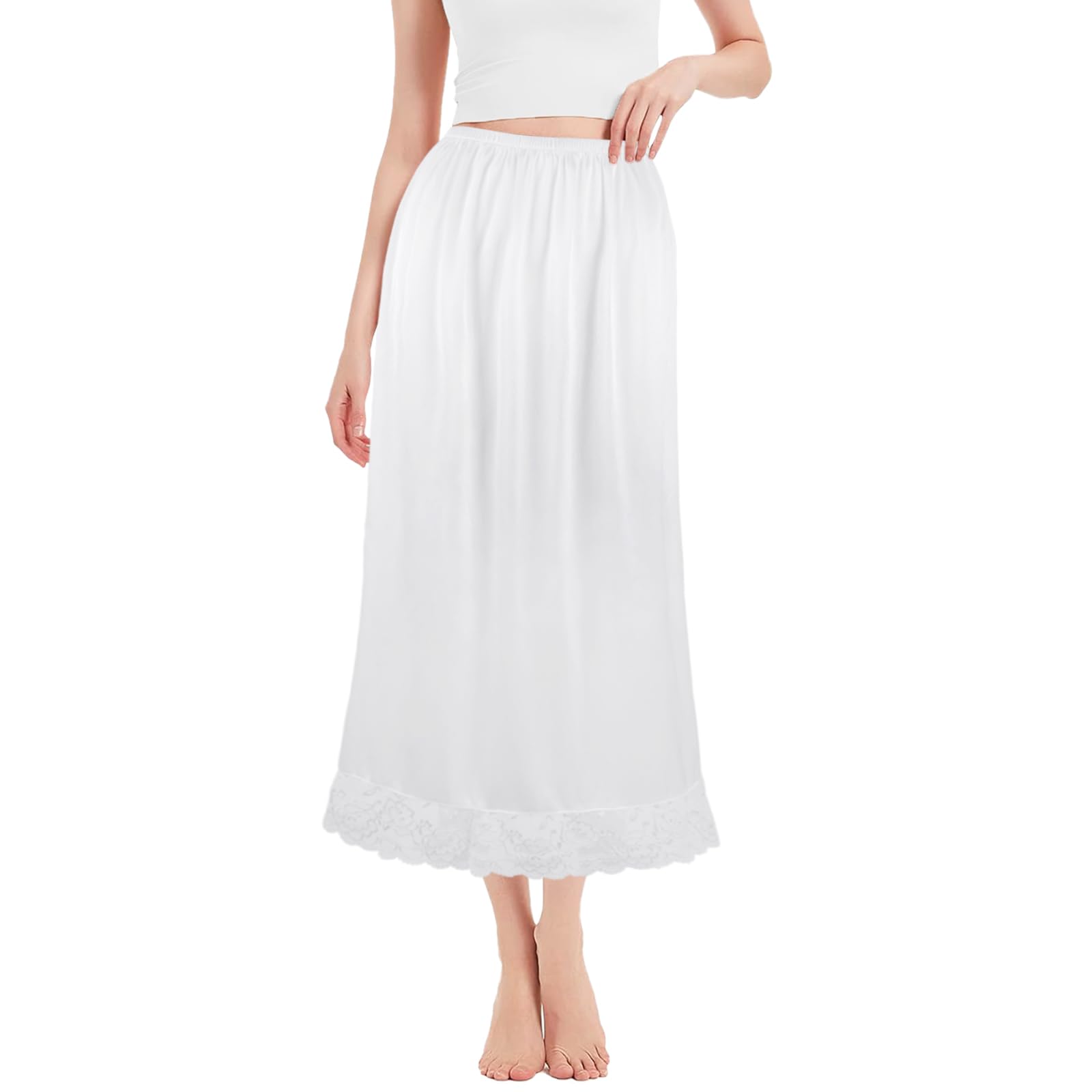 ACWOOWomen's Satin Half Slips, Soft Lace Long Underskirt, Elastic Waist Half Slips Long Skirt Petticoat, White Lace Waist Slips for Under Dresses, Ladies Underdress