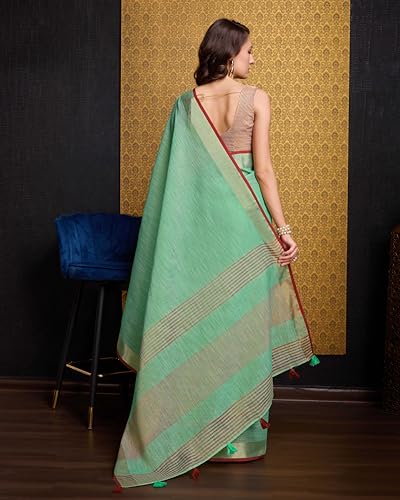 Image of SWORNOF Women's Linen Cotton Silk Saree with Unstitched Blouse Piece | Saree for Women | Saree with Blouse Piece | Soft and Skin Friendly
