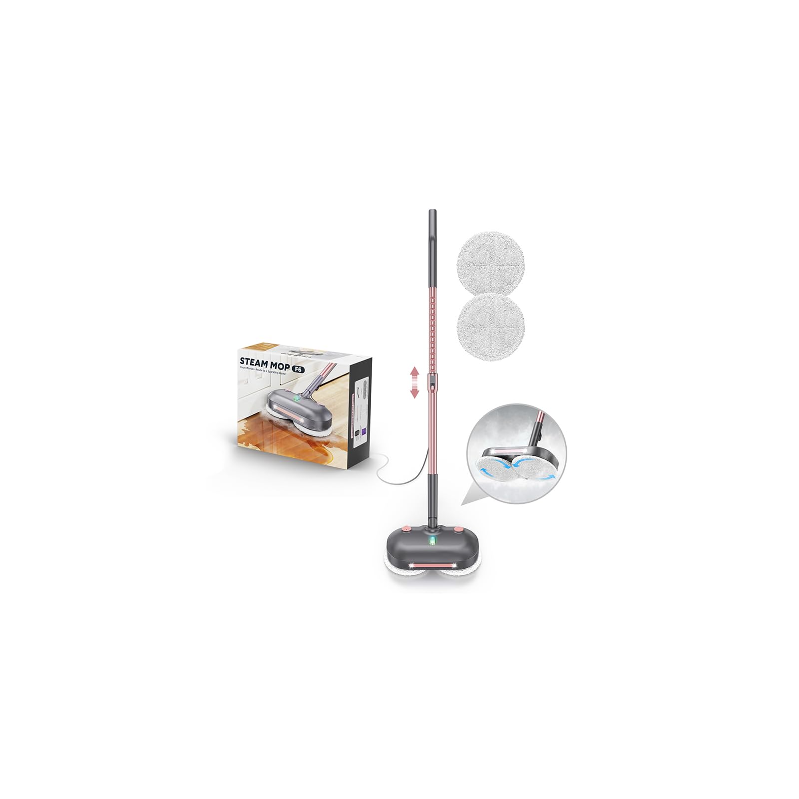 Fregona de vapor y fregona con almohadillas giratorias, limpiador de suelos para fregar y desinfectar, tanque de agua XL, cable de 23 pies, faros LED, almohadillas reutilizables y autónomo para suelos
