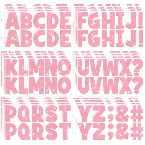 256 adesivi a forma di lettere grandi, glitterati, 24 fogli in vinile, autoadesivi, grandi caratteri, per cassette postali, artigianato, classe, scuola, casa, compleanno, decorazione rosa