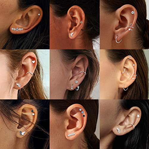 Sailimue 23Pairs Surgical Steel Flat Back Stud Earrings For Women Men Hypoallergenic 20G Tiny Cartilage Earrings Stud Hoops Small Cz Star Moon Heart Opal Helix Tragus Daith Earrings Piercing Jewelry #TOP3