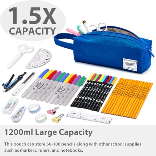 Image of SPACEMATE Pencil Case Pouch Box Bag School Supplies Girls Boys Kids, Cute Preppy Stuff Large Big Capacity Aesthetic Canvas Pen Organizer, Back to College Stationary, Blue, Simple Style, 1200ml