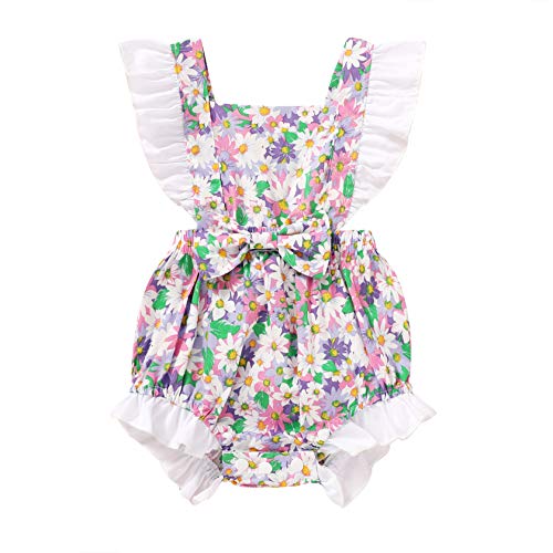 YOUNGER TREE Toddler Baby Girl Ruffled Sleeveless Romper Casual Summer Jumpsuit Cotton Linen Clothes (Floral-Purple, 18-24 Months)