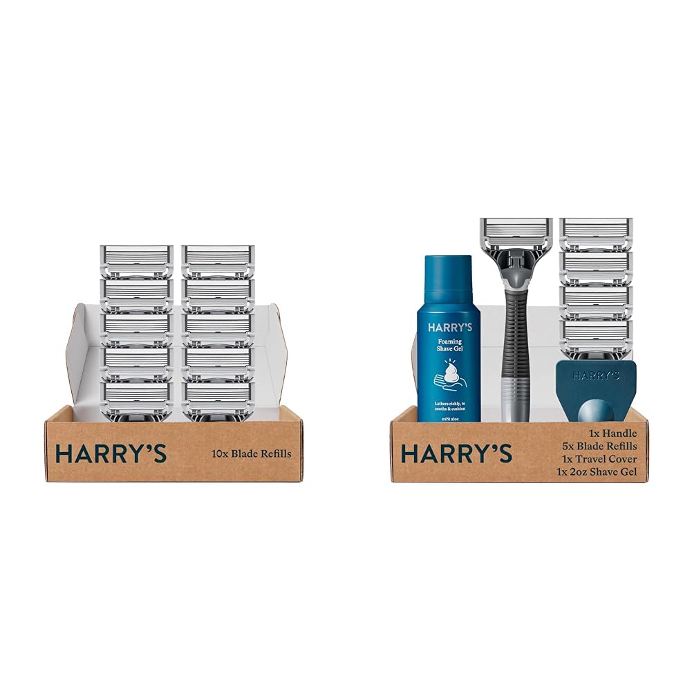 Harry's Razor Blades Refills - 10 count & Harry’s Razors for Men - 5 German-engineered 5-Blade Cartridges, Travel Cover, Shave Gel (Charcoal)