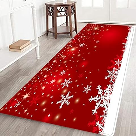 Christmas Long Runner Rug for Hallway,Celebration Theme with Shiny Spots of Merry Xmas Winter Snowflake,Area Rug Non-Slip Floor Carpet Indoor Doormat Entrance Door Mats Washable Kitchen Rugs,Red Cover