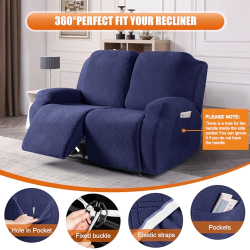 Image of VANSOFY Recliner Cover, 2-Pieces Stretch Reclining Couch Cover with Pockets Loveseat Sofa Slipcovers Soft Washable Furniture Protector for Dogs(Navy Blue)