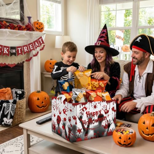 Image of Clastyle Large Spooky Halloween Baby Gift Basket Stuffers Boy Girl Pumpkin Bat Graveyard Boo Nursery Bin Kid Book Toy Box Collapsible Clothes Organizer for Bedroom, Blood Hand, 40 * 30 * 30 cm