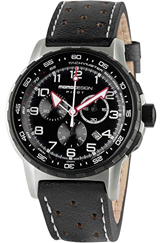 Wr 50mt MOMO Design Orologio Pilot MD2164SS-42 - Cronografo Al Quarzo da in Pelle Genuina
