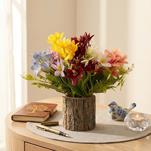 Image of Dekorly Premium Artificial Multicolor Lily Flower with Real Wooden Planter Vase (22CM) | Lifelike Faux Floral Arrangement for Home, Office & Table Decor (Multi Colour Lily Flower)
