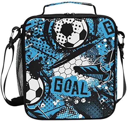 AMmao Kids Lunch Bag for Boy Girl Blue Football Soccer Insulated Lunch Box with Shoulder Strap Reusable Cooler Bags for School Picnic Beach Travel Leakproof Food Container Tote Bag, One Size