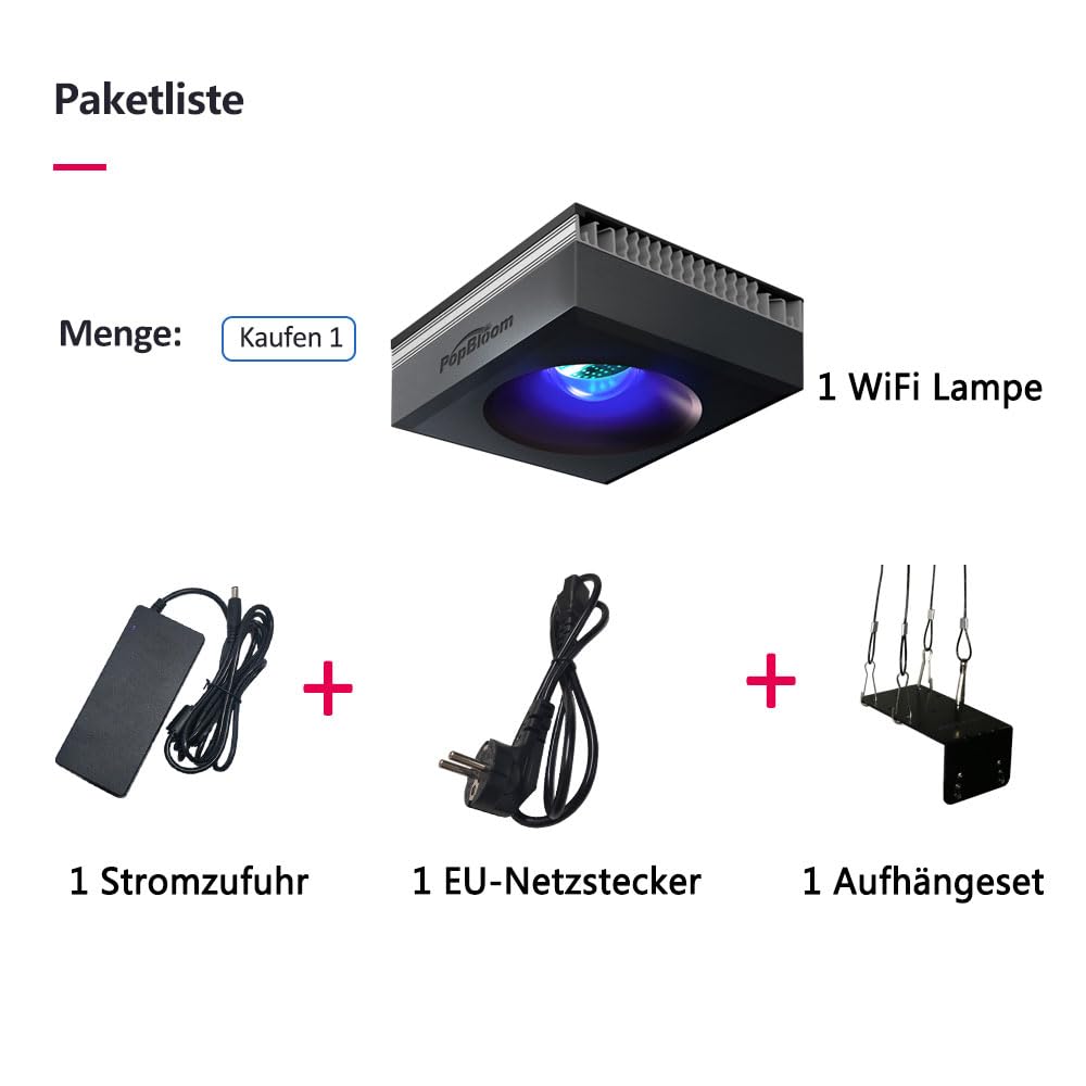 PopBloom RL90 WiFi Salzwasser Aquarium LED Beleuchtung, 100W Dimmbare Meerwasser LED Beleuchtung Aquarium Lampe mit APP-Steuerung für Meerwasseraquarien Korallenriff (mit Aufhängeset)