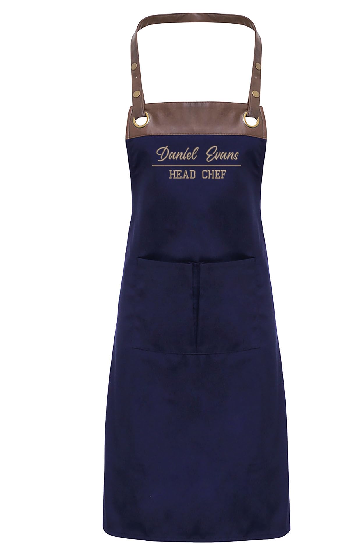 Stylish Faux leather trim Unisex Embroidered Apron Personalised Apron Cook, Baking, Apron With Pockets Head Chef Apron (Blue Browm)
