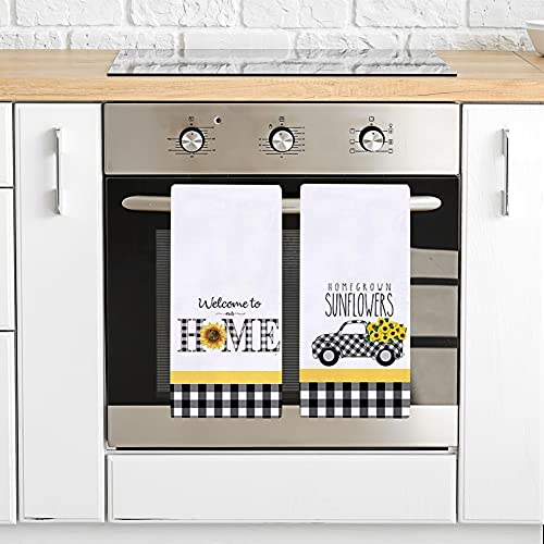 Buffalo Plaid Sunflowers Kitchen Dish Towel 18 X 28 Inch Set Of 2, Seasonal Spring Summer Sunflower Trucks Tea Towels Dish Cloth For Cooking Baking #TOP3