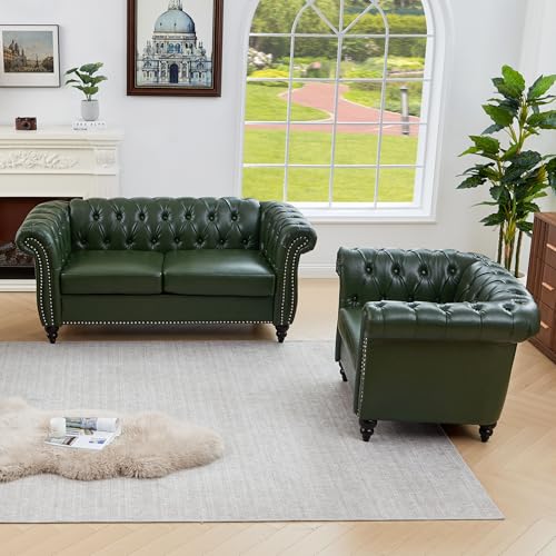 Image of QHITTY 2 Piece Living Room Set, Sectional Chesterfield Sofa Chair Contemporary Upholstered Leather Loveseat Couch Sets for Living Room, Office (Green)