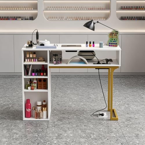 MSFE Table Manucure avec Aspirateur,Table Onglerie Professionnel en Bois avec Tiroirs & Étagère,T-Able de manucure avec Prises électrique Bureau...
