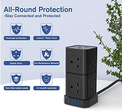 Tower Extension Lead with USB Slots, 9 Way Plug Extension with 4 USB, 2M Extension Cable, Black Multi Plug Extension Sockets 3250W/13A, Detach/Stackable Power Strip Extension Cord for Home Office