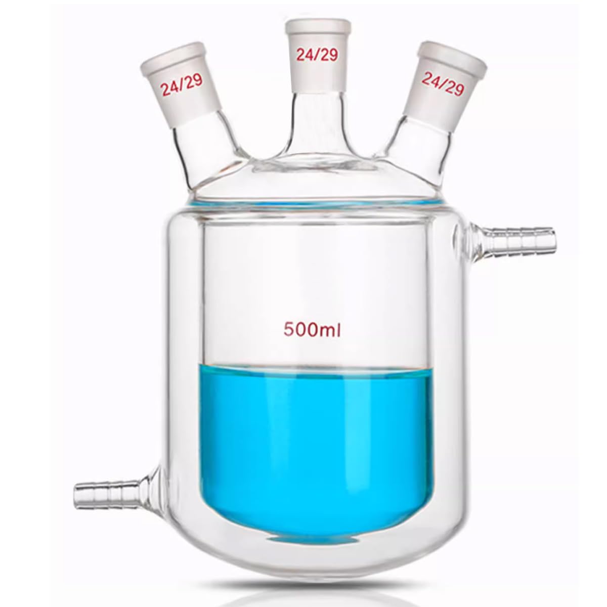 Lab Jacketed Reaction Flask,3-Neck Double Layer Round Bottom Reaction Flask Jacketed Reactor with Three 24/29 Ground Glass Joints (500 ML)