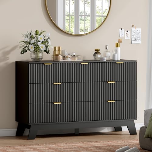 Image of Wodeer 7 Drawer Fluted Dresser for Bedroom, Mid Century Modern Dresser with 7 Drawers, Dressers & Chests of Drawers with Metal Handle, TV Stand & Storage Organizer for Entryway, Hallway, Black