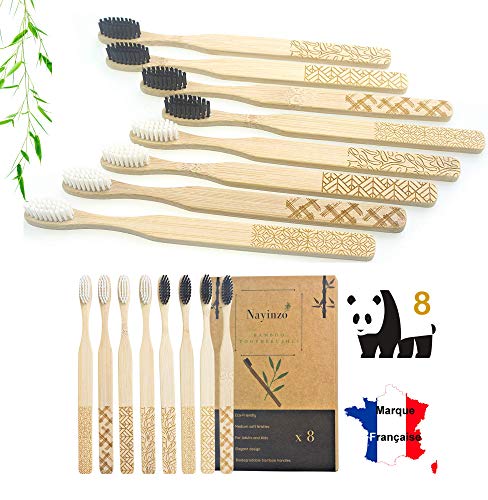 Nayinzo-Juego de 8 cepillos de dientes de bambú, ergonómicos, color negro, blanco, ecológico, reciclable, biodegradable, pelo medio, suave, para adultos y niños