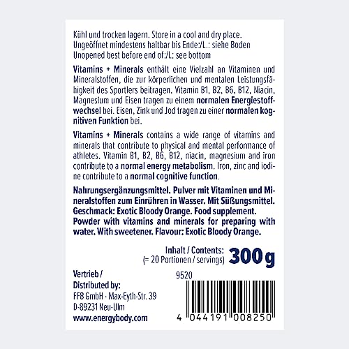 Energybody Vitamins + Minerals Pulver - 300g - mit 10 Vitaminen & 8 Mineralstoffen/Multivitamin Mineralstoff Drink/Exotic Bloody Orange Geschmack, vegan