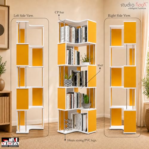 Image of Studio Kook Vista Engineered Wood Corner Bookshelf | Bookcase (Matte Finish) (Sunshine Yellow)