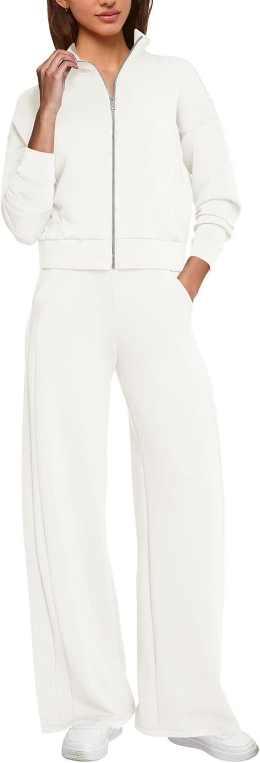 SENSERISE Sweatsuits Women 2 Piece Outfit Zip Up Cropped Sweatshirt Wide Leg Sweatpants 2025 Fall Outfits