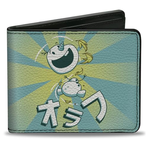 Disney Wallet, Bifold, Frozen Olaf Rays and Japanese Characters Blues Yellows, Vegan Leather