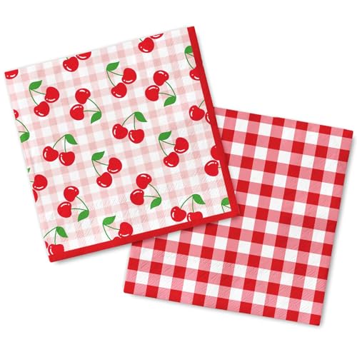 FYSUIMU 50 Pcs Cherry Paper Napkin Sweet Cherry Plaids Disposable Luncheon Napkin Red Pink Checkered Double-Printed Dinner Hand Napkins for Wedding Baby Shower Birthday