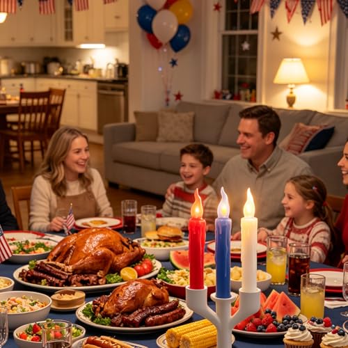 Image of Real Wax LED Flameless Short Taper Candles with Remote, 6.7 Inches 4th of July Patriotic Candlesticks Dripless Battery Operated Flame for Independence Day Home Decor, 3 Pcs