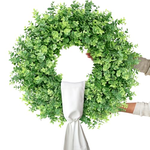 Image of 26 inch Artificial Eucalyptus Wreath with Sash for Front Door Decor(Green) | Faux Large Greenery, UV-resistant, for Porch /Window /Wall /Farmhouse /Home /Outdoor /Spring /Summer /All Seasons Decor